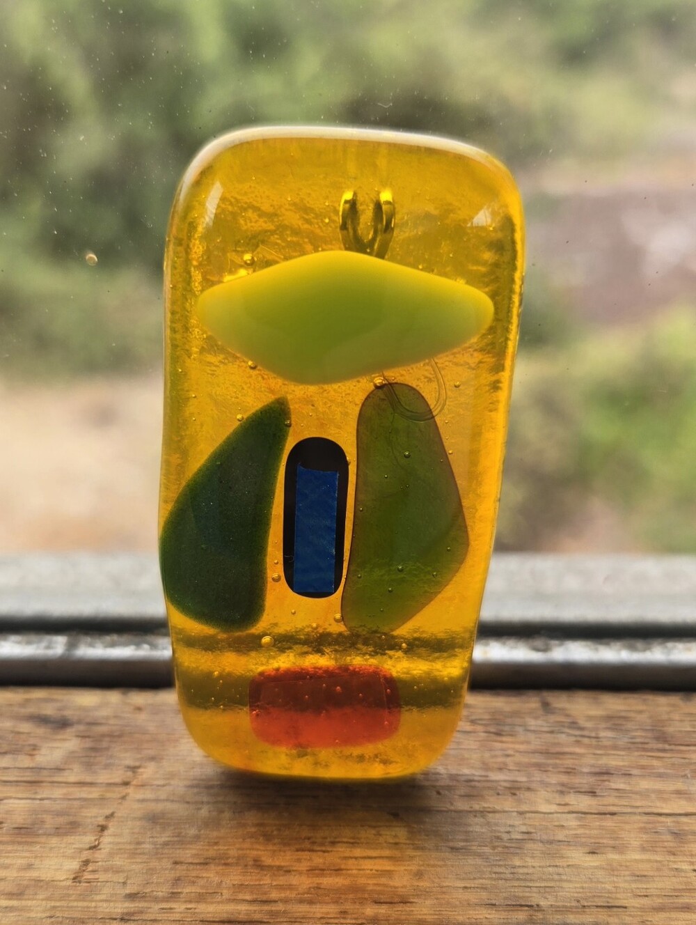 Vintage Fused Glass Golden & Primary Colors Face Brooch